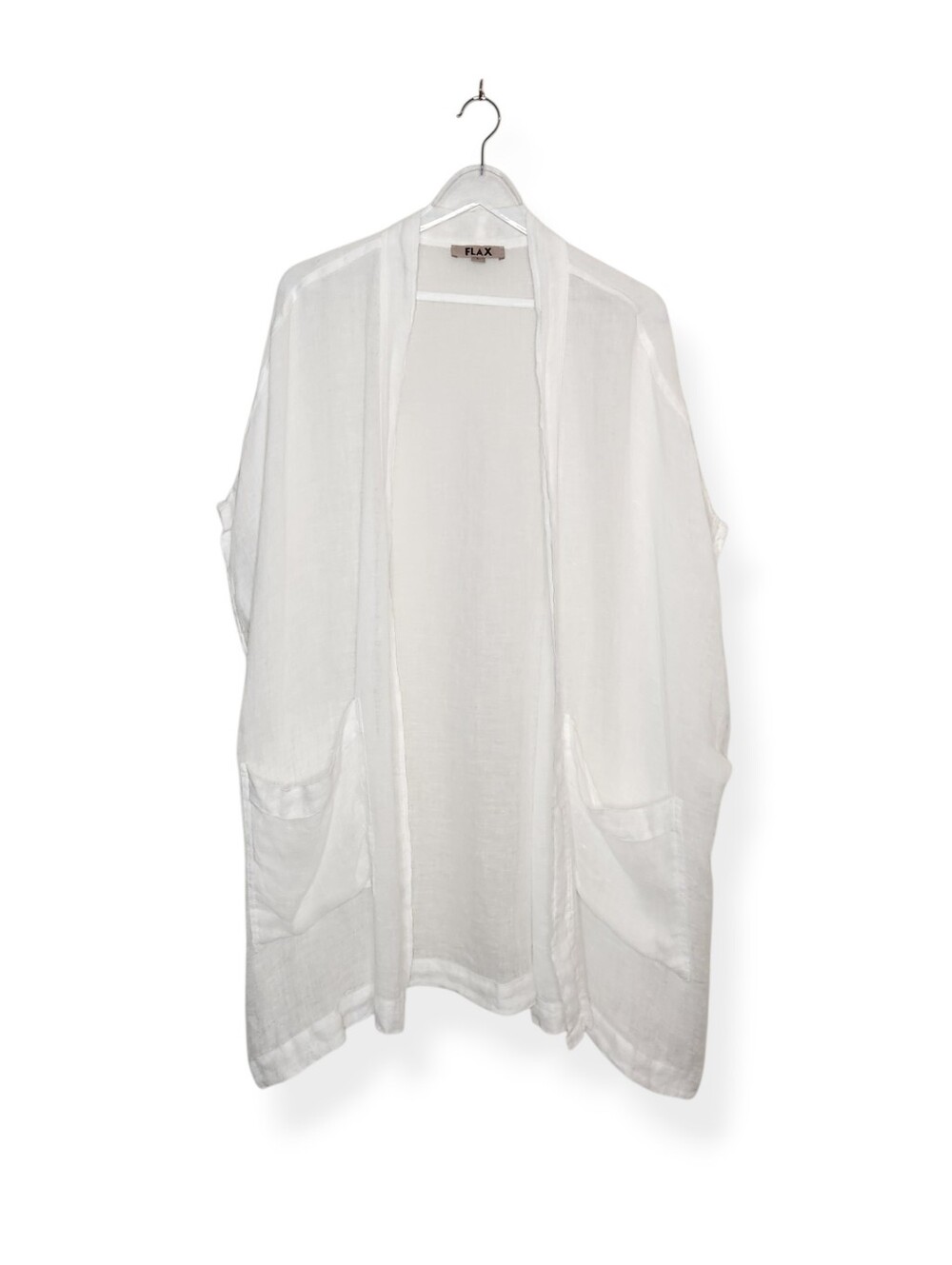 FLAX Sleeveless Open Front Linen Blend White Long Cardigan Kimono Size Large